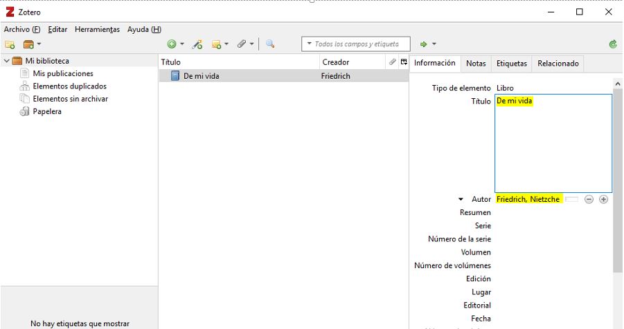 Escribir nombre de libro Zotero