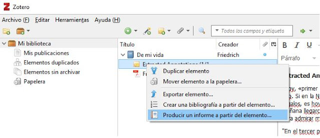 Producir informe de extracción de subrayado / resaltado de Zotero