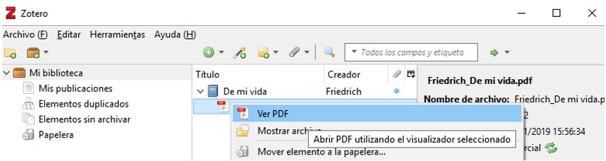 Ver PDF en la biblioteca de Zotero